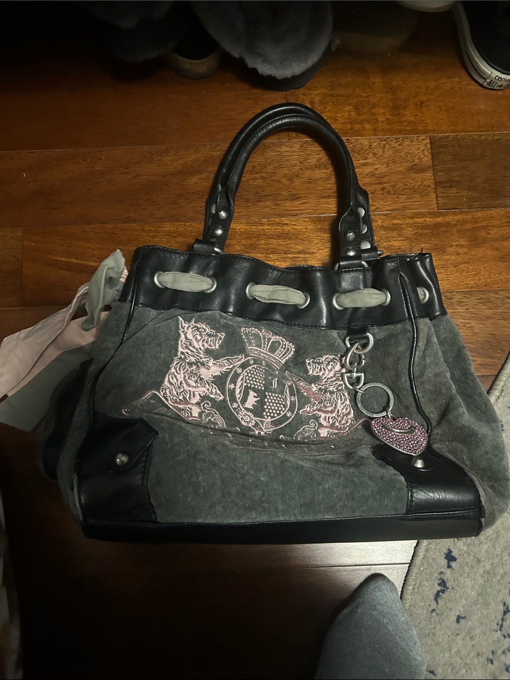 Juicy Couture Gray and Pink Shoulder Bag with Heart Charm